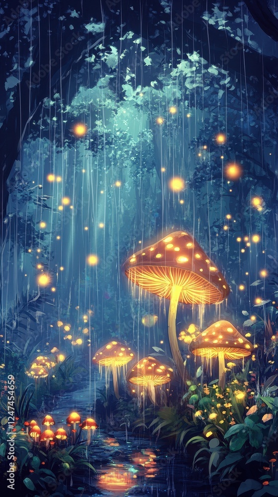Enchanted mushrooms illuminate a rainy forest with their magical glow Enchanted mushrooms illuminate a rainy forest with their magical glow
