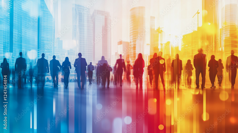 Fototapeta premium Group of business people silhouettes in modern office building and business network concept. Human resources with pastel innovation charts and graphs with statistics to analyze business 