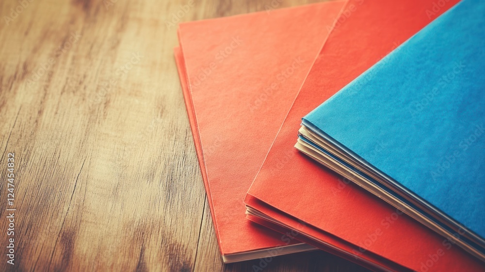 Fototapeta premium Red and blue books on wooden desk, blurred background, education concept