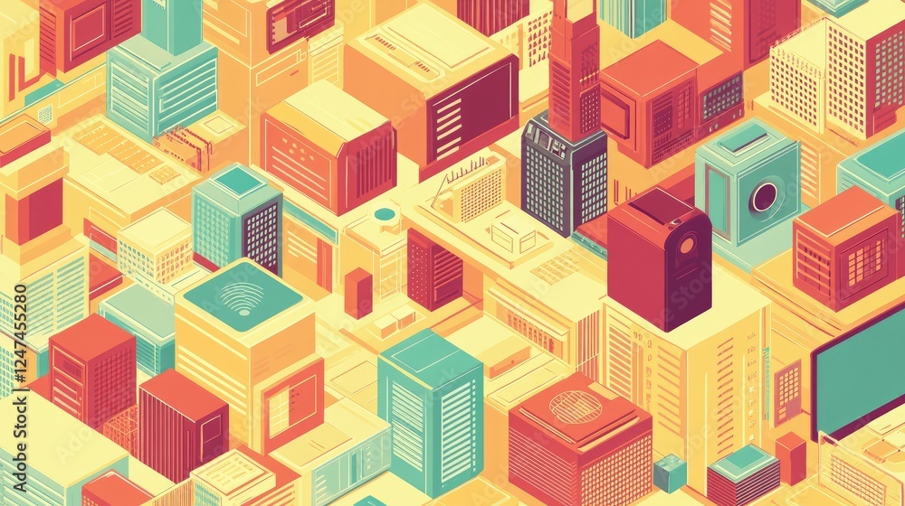 Isometric illustration of a city built from computer hardware and software components. Isometric illustration of a city built from computer hardware and software components.