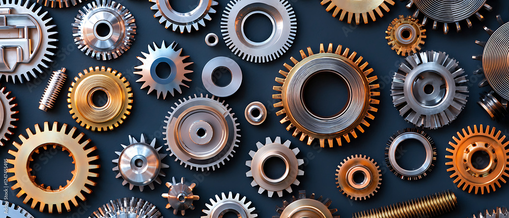 Metal gears and mechanical components arranged in visually appealing pattern, showcasing various sizes and finishes, ideal for industrial design Metal gears and mechanical components arranged in visually appealing pattern, showcasing various sizes and finishes, ideal for industrial design
