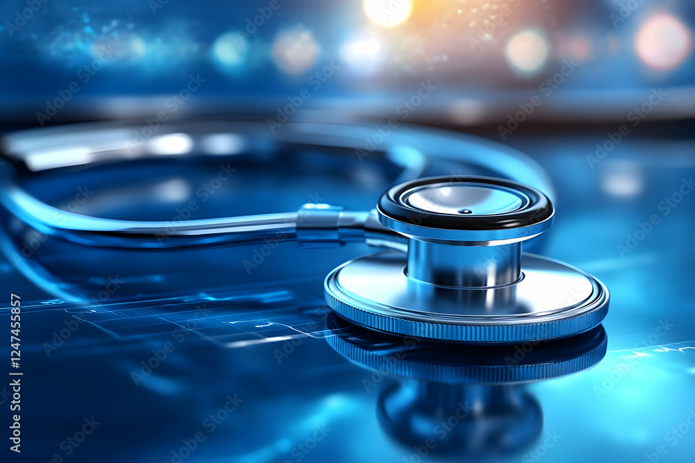 Stethoscope on digital health data. Healthcare technology Stethoscope on digital health data. Healthcare technology