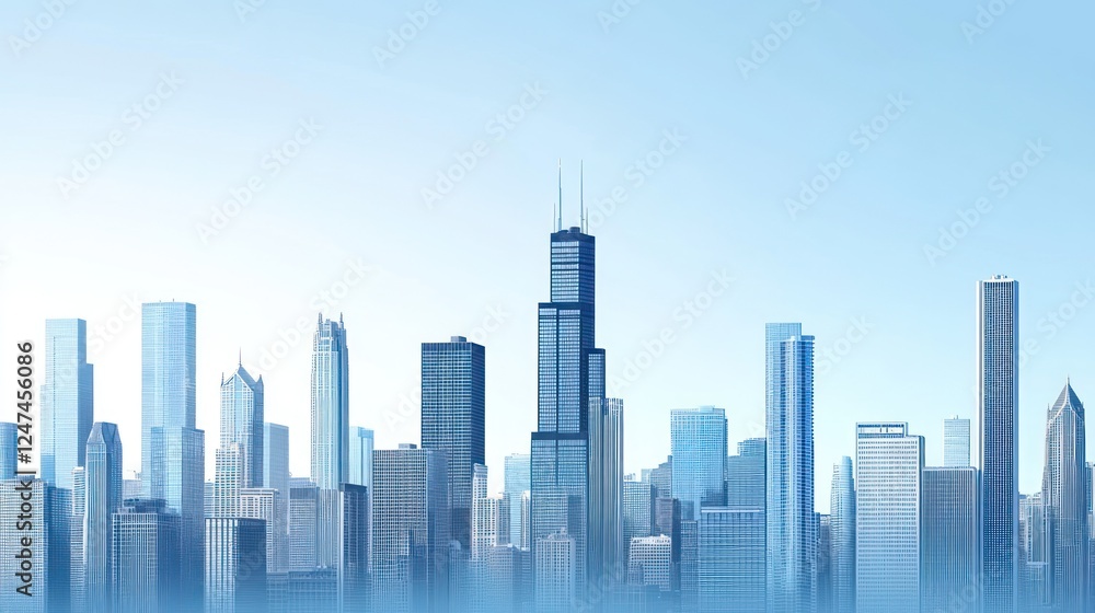 Fototapeta premium Cityscape, skyscrapers, urban skyline, hazy morning, clear sky, business, website banner