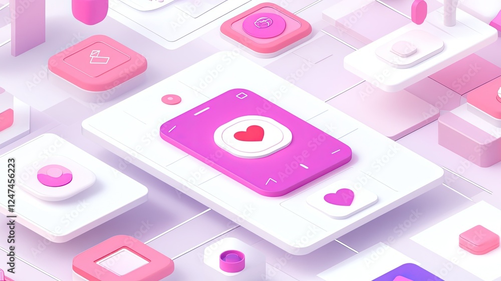 Fototapeta premium Isometric illustration of a mobile app interface with pink and white elements, featuring a heart icon at the center.