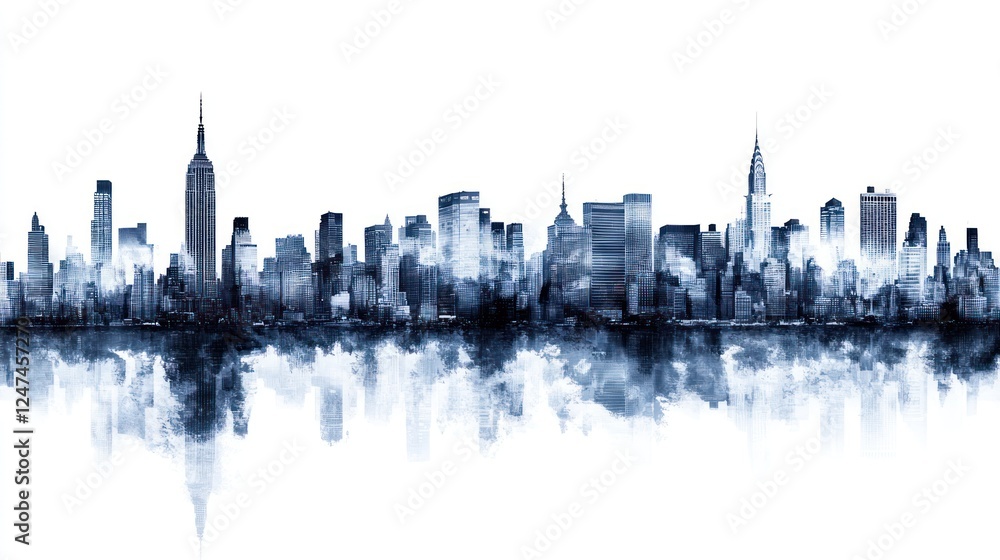 Naklejka premium NYC Skyline Reflection, Foggy Day, Urban Panorama, Print