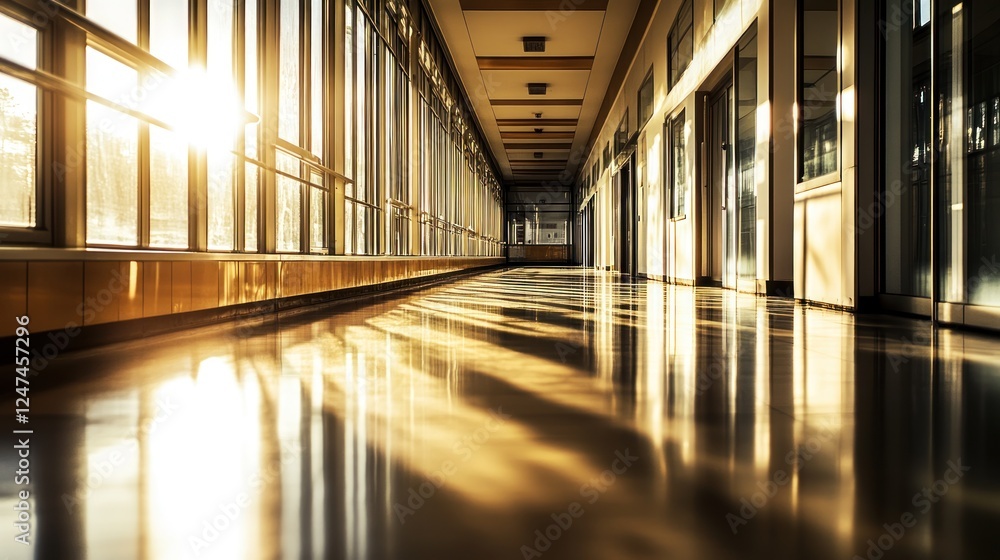 Obraz premium Sunlit corridor, building interior, windows, sunset reflections, education
