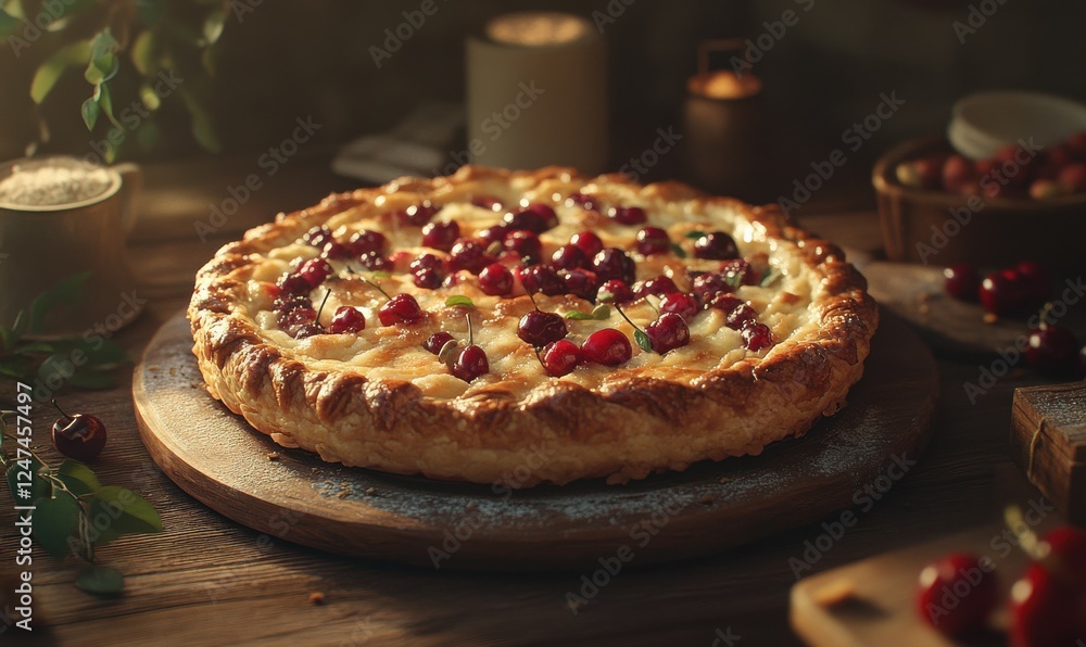 Rustic pie with golden crispy crust and fresh cherries, styled on a wooden table with soft natural lighting to create a cosy bakery aestheticpe Rustic pie with golden crispy crust and fresh cherries, styled on a wooden table with soft natural lighting to create a cosy bakery aestheticpe