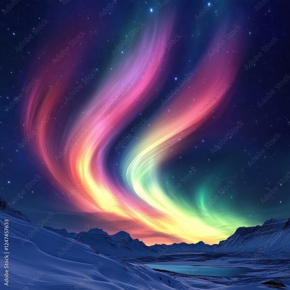 Fototapeta premium Colorful Aurora Borealis dancing over snowy mountains at night, ideal for travel posters