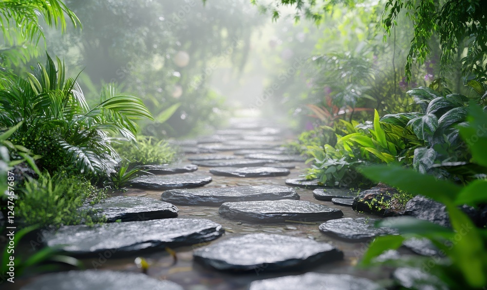 Rustic stone pathway surrounded by lush greenery, the soft morning mist creating a tranquil and mysterious garden atmosphere Rustic stone pathway surrounded by lush greenery, the soft morning mist creating a tranquil and mysterious garden atmosphere