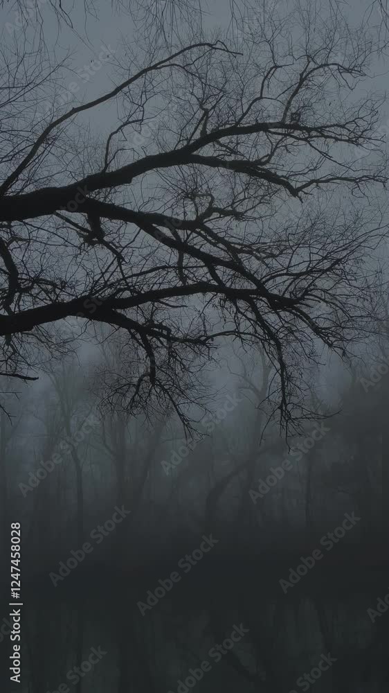 Dark horror fog, creepy winter forest, tree and river, vertical video Dark horror fog, creepy winter forest, tree and river, vertical video