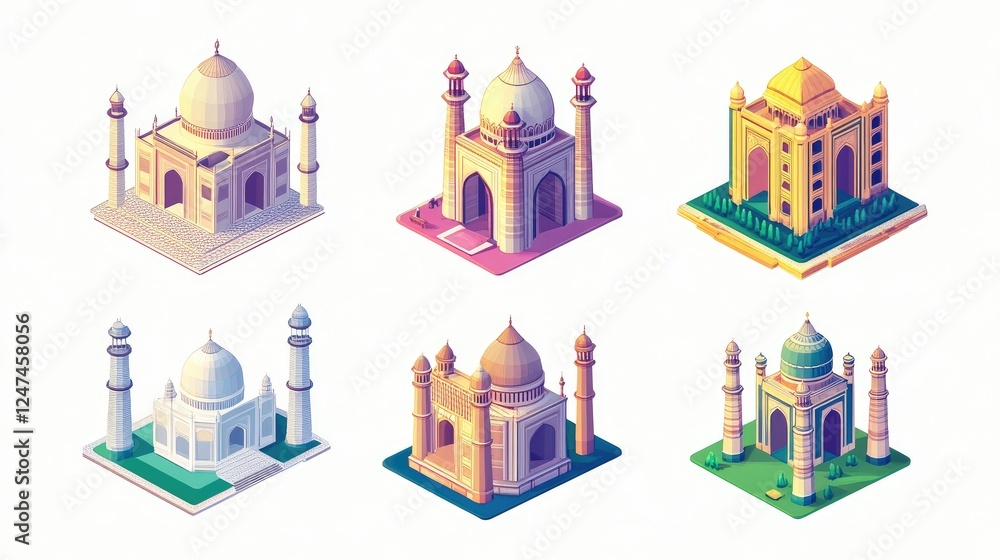 Isometric illustrations of Taj Mahal in various styles and colors. Isometric illustrations of Taj Mahal in various styles and colors.