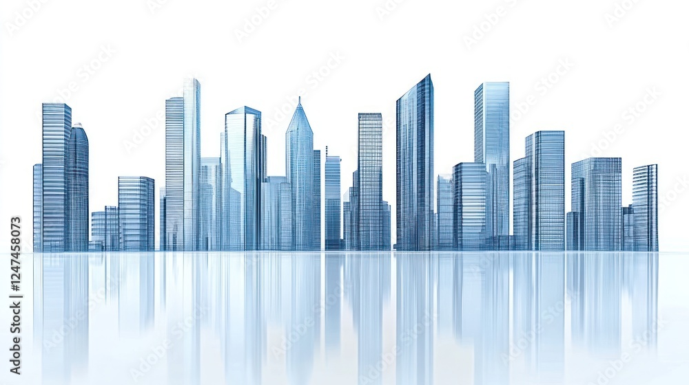 Obraz premium Modern city skyline reflection, urban development, white background, architectural design