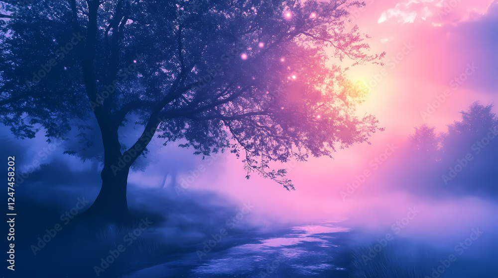 Mystical forest glows with ethereal lights. Ethereal Fog & Mist. Illustration Mystical forest glows with ethereal lights. Ethereal Fog & Mist. Illustration
