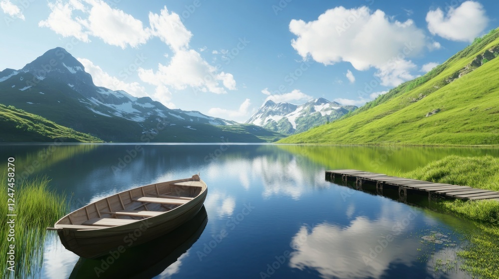 Tranquil Alpine Lake with Rowboat and Dock Reflecting Clear Blue Sky Tranquil Alpine Lake with Rowboat and Dock Reflecting Clear Blue Sky
