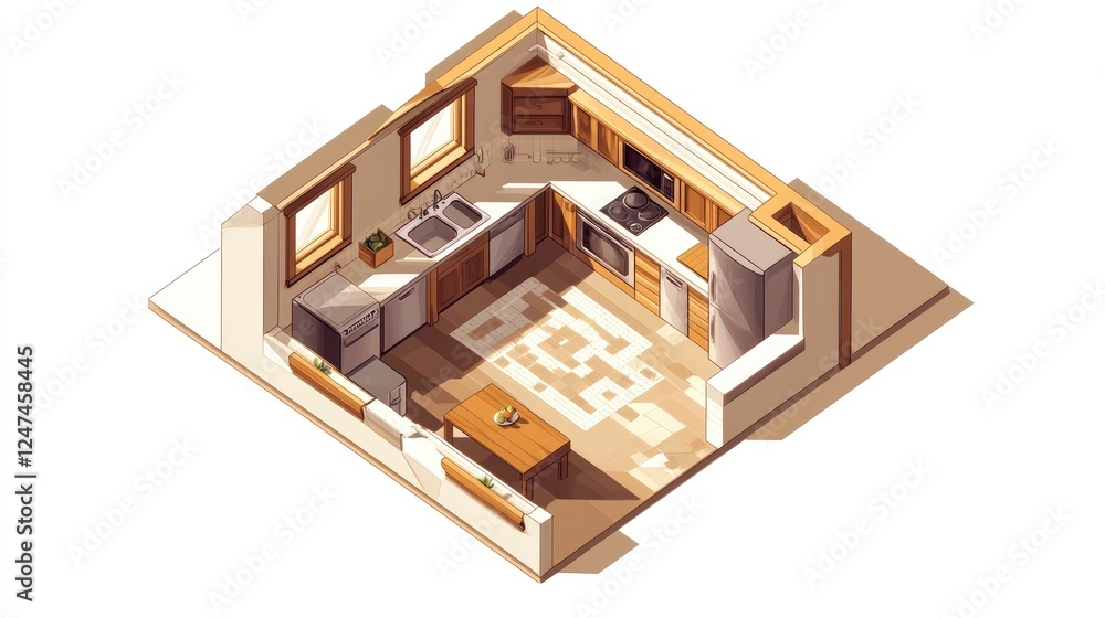 Isometric view of a cozy, rustic kitchen with wooden cabinets, stainless steel appliances, and a small dining area. Isometric view of a cozy, rustic kitchen with wooden cabinets, stainless steel appliances, and a small dining area.