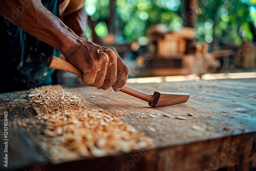 Craftsmanship in action as a skilled artisan carves wood in a vibrant workshop photo