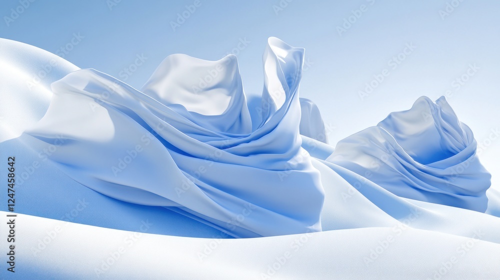 Obraz premium Snowy landscape, flowing fabric sculptures, winter scene, serenity, design