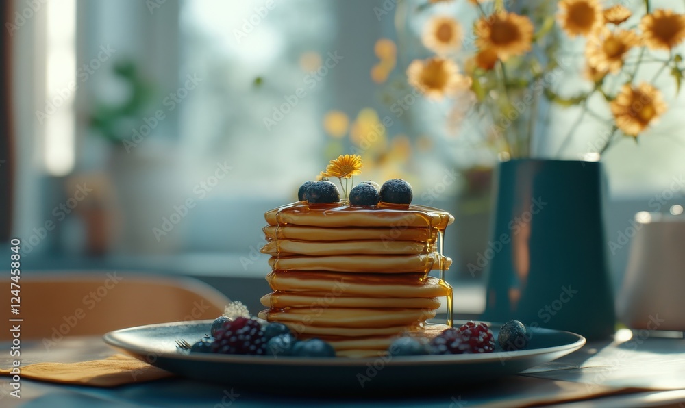 Morning breakfast setting with golden pancakes stacked high and drizzled with maple syrup, served with fresh berries on a ceramic plate Morning breakfast setting with golden pancakes stacked high and drizzled with maple syrup, served with fresh berries on a ceramic plate