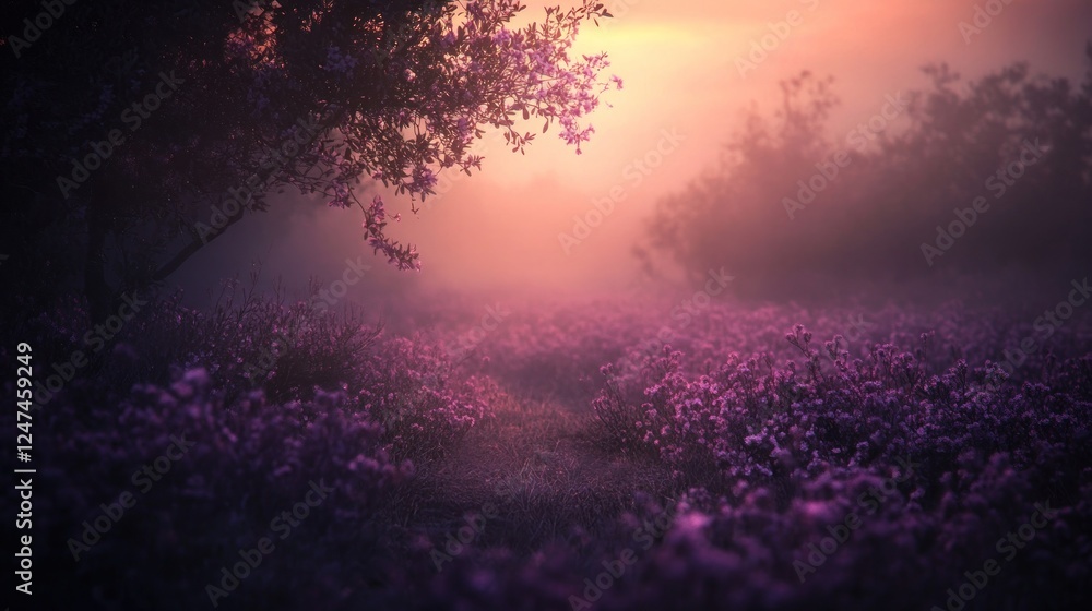 Fototapeta premium Misty sunrise path through purple wildflowers