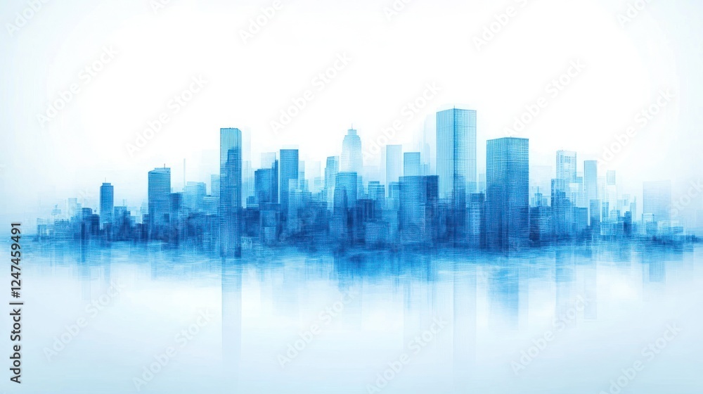 Blue city skyline reflection, urban development, misty background, website banner Blue city skyline reflection, urban development, misty background, website banner