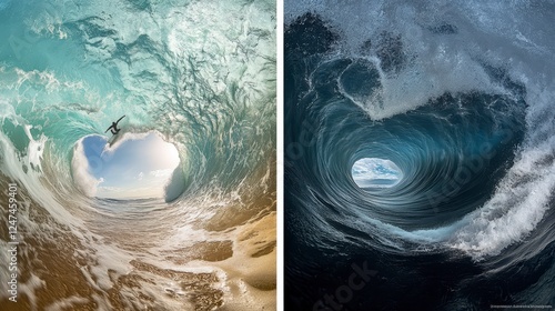 Surfer inside ocean wave barrel, sunny sky, sandy bottom, action sports photography photo