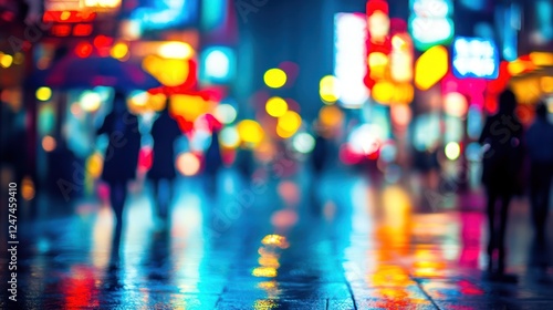 Wallpaper Mural Rainy Night City Street, Blurry People Walking, Neon Lights, Advertising Torontodigital.ca