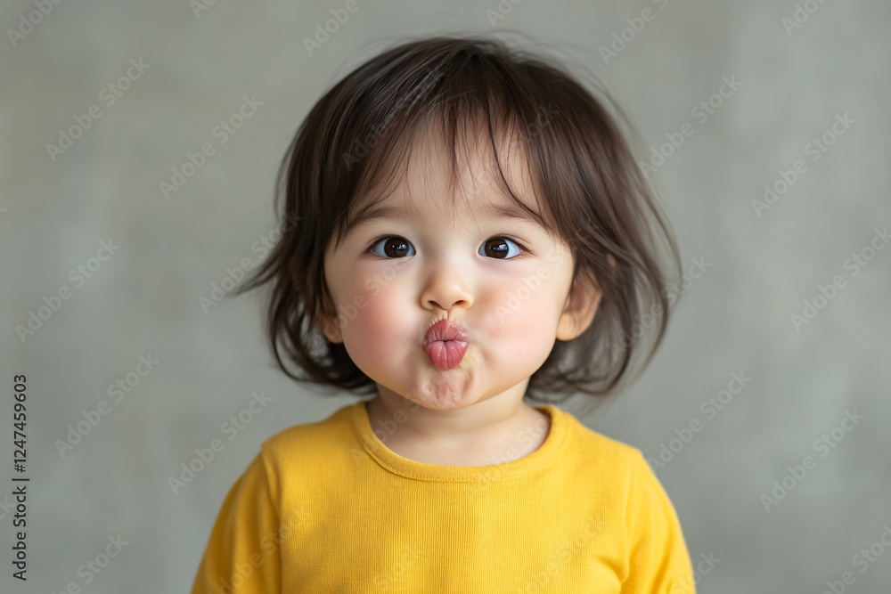 Asian toddler in yellow t shirt making funny face and sticking out tongue. Kids portrait for Children's Day, Family Day, International Day of Happiness, Baby Album, Birthday celebration Asian toddler in yellow t shirt making funny face and sticking out tongue. Kids portrait for Children's Day, Family Day, International Day of Happiness, Baby Album, Birthday celebration