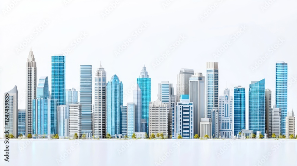 Fototapeta premium Modern city skyline, architectural model, white background, urban development, design concept