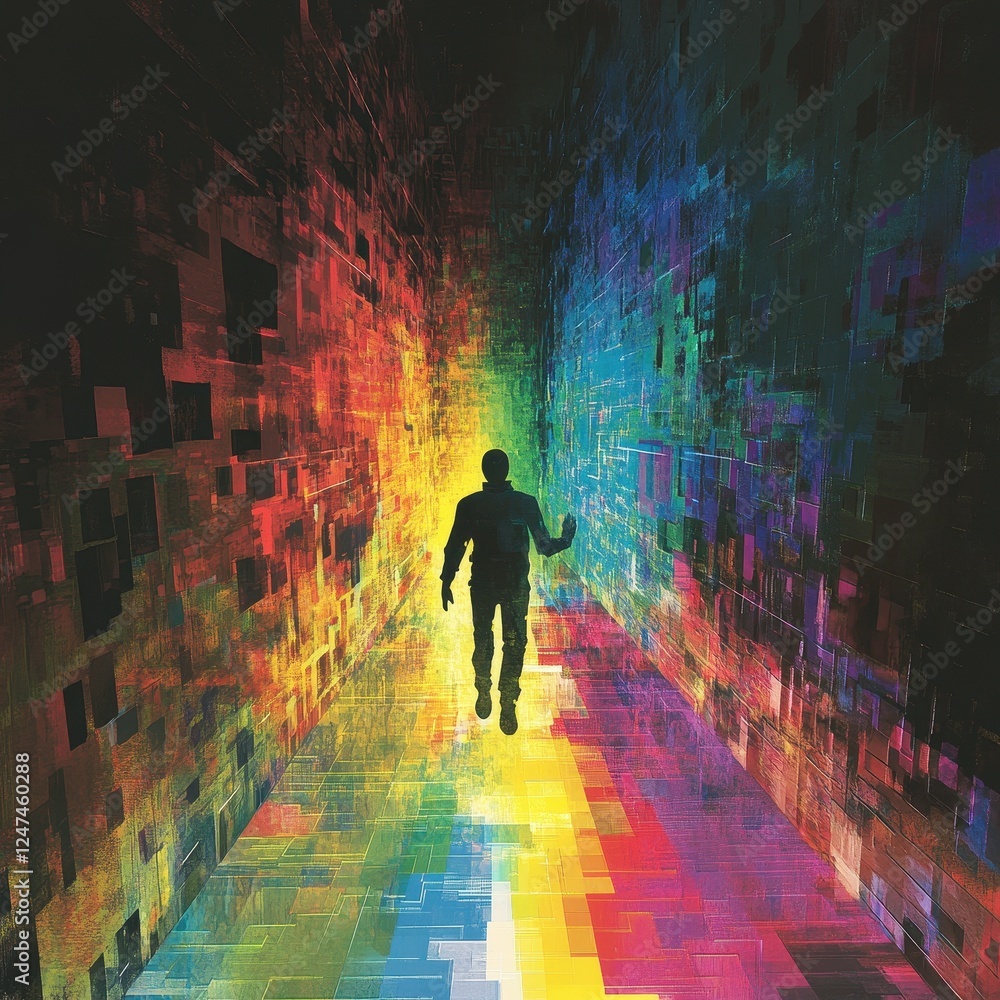 Silhouette walking through a vibrant multicolored digital futuristic corridor Silhouette walking through a vibrant multicolored digital futuristic corridor