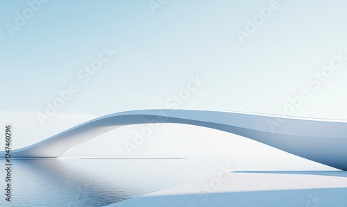 Modern white bridge curving gracefully into the horizon, a clean and elegant design blending seamlessly with the soft blue sky