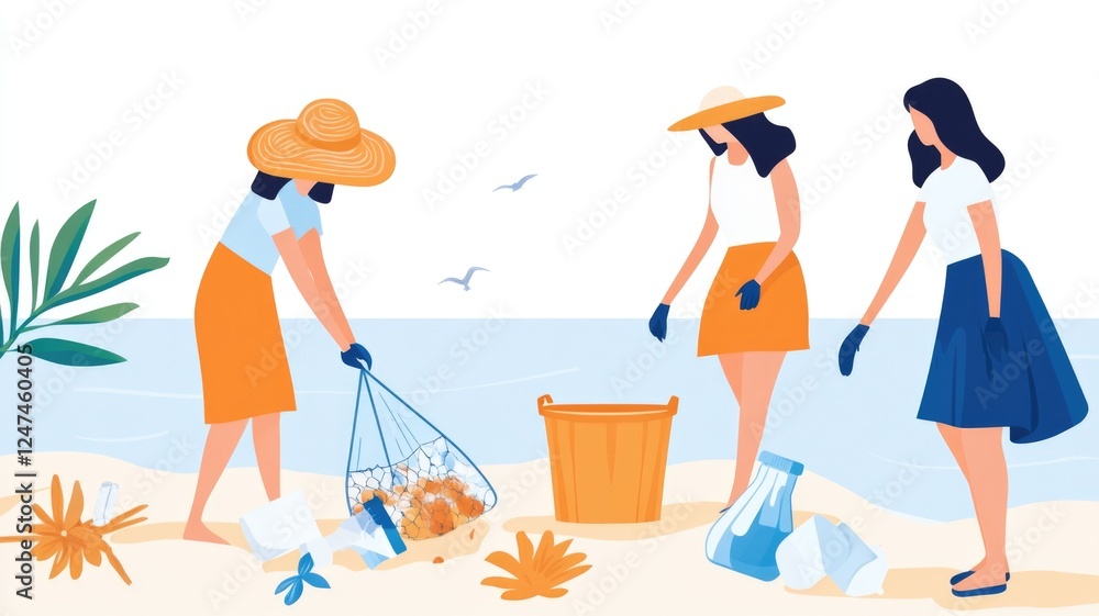 Fototapeta premium Beach cleanup initiative with three women collecting trash for environmental conservation