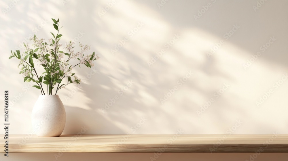 Fototapeta premium Spring flowers vase sunlight shelf interior design mockup