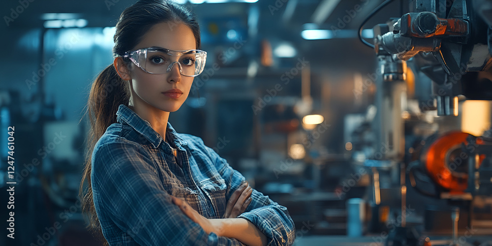 Female Engineer in Workshop with Clear Facial Features and Focused Expression Female Engineer in Workshop with Clear Facial Features and Focused Expression