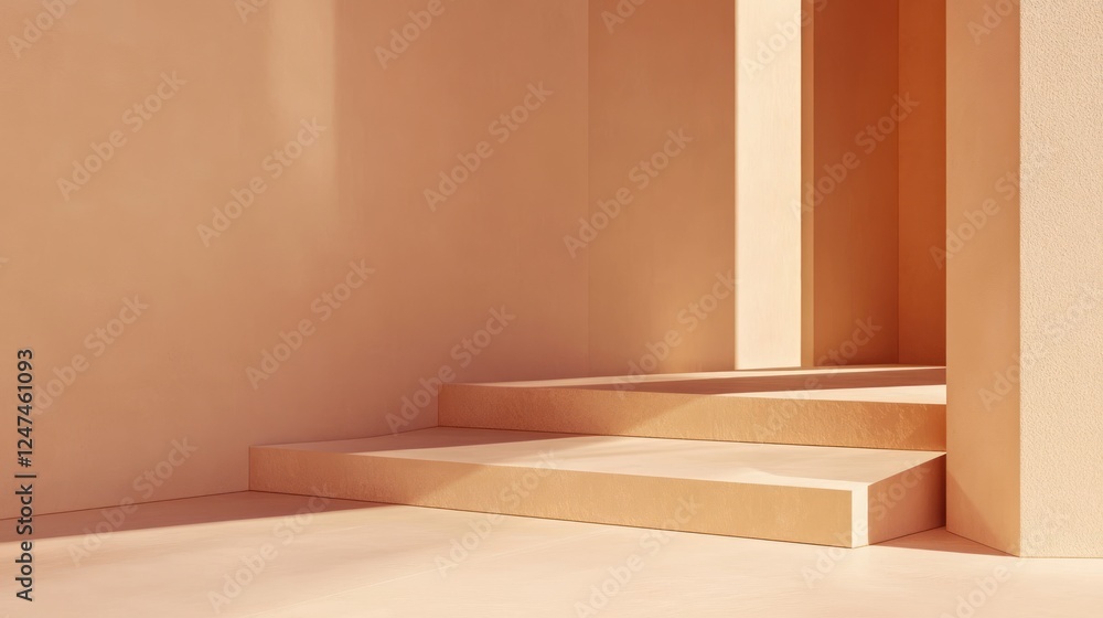 Fototapeta premium Beige steps, sunlit interior, minimalist architecture, product display