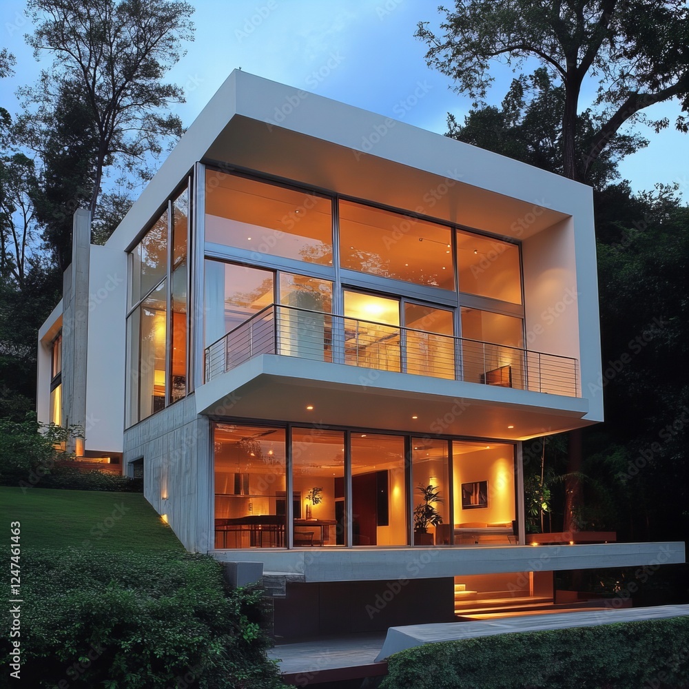 Fototapeta premium Stylish modern cubic house featuring large windows and sleek contemporary architecture. Perfect for real estate, design, and luxury home projects.