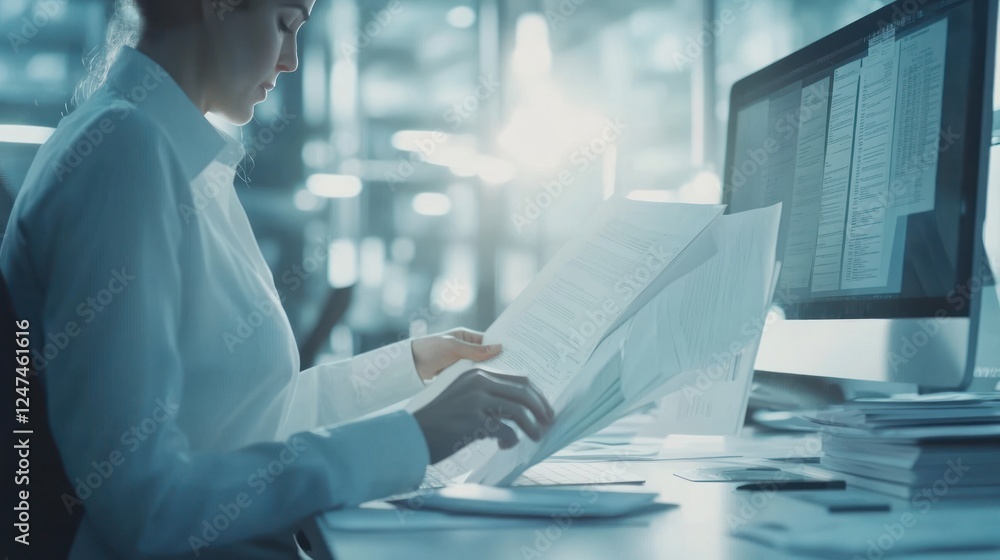 Woman reviewing documents, office, computer, library background, business Woman reviewing documents, office, computer, library background, business