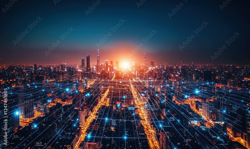 Fototapeta premium Radiant neon grid glowing under a futuristic skyline, showcasing connectivity and innovation.