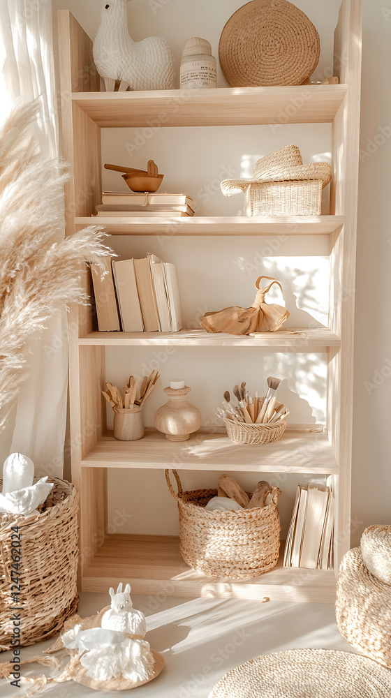 minimalist wooden bookshelf filled with natural decor, books, and craft supplies creates serene atmosphere minimalist wooden bookshelf filled with natural decor, books, and craft supplies creates serene atmosphere