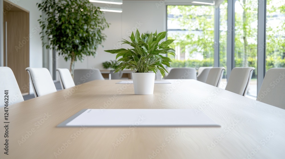 Fototapeta premium Modern office meeting room, plants, light, window view, ready for meeting