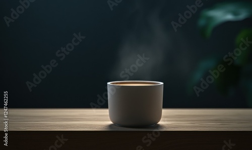 Silky latte in a minimalist white cup styled on a textured wooden surface, with dramatic lighting to create a cozy and indulgent coffee vibe photo