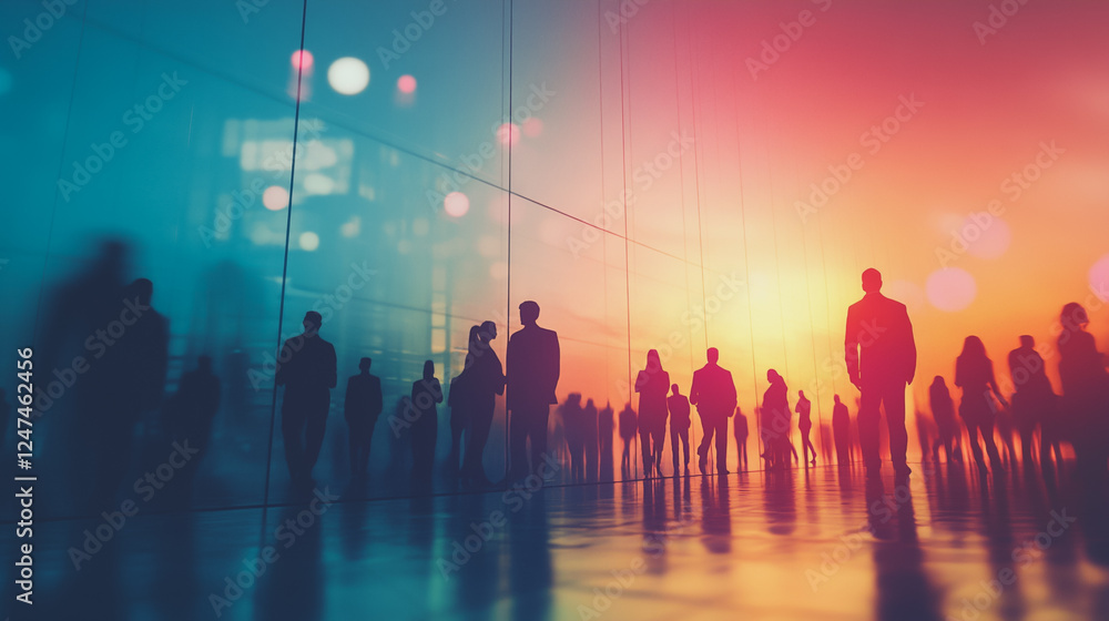Group of business people silhouettes in modern office building and business network concept. Human resources with pastel innovation charts and graphs with statistics to analyze business Group of business people silhouettes in modern office building and business network concept. Human resources with pastel innovation charts and graphs with statistics to analyze business