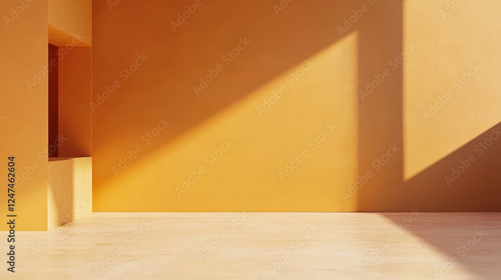 Orange room, sunlight shadows, minimalist design, product display Orange room, sunlight shadows, minimalist design, product display