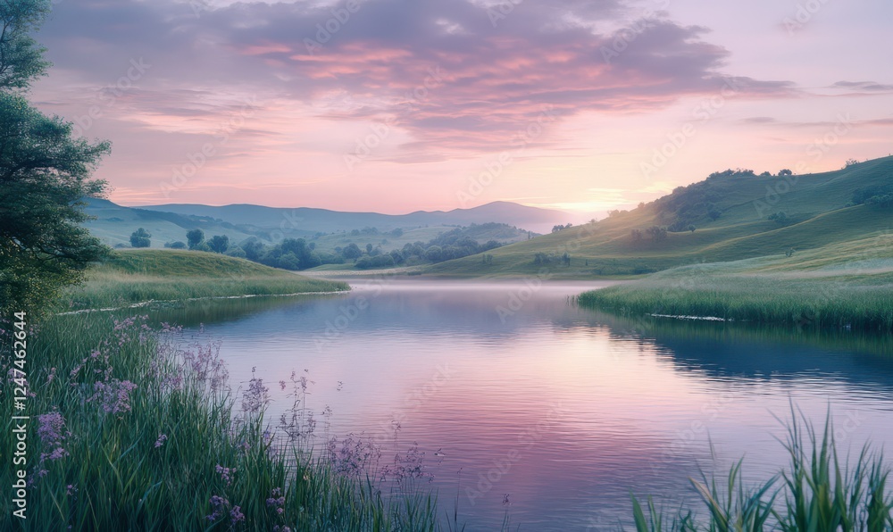 Serene countryside landscape with rolling hills, a calm river, and a pastel sky at dawn Serene countryside landscape with rolling hills, a calm river, and a pastel sky at dawn