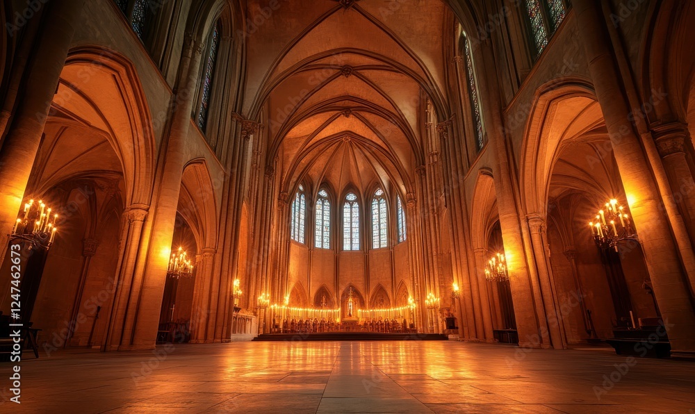 Fototapeta premium Magnificent gothic cathedral interior with soaring arches and glowing candles, a tranquil space of awe and reverence.