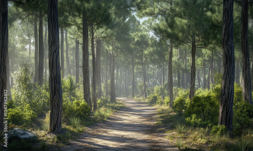 Serene forest trail lined with towering pines and dappled sunlight breaking through the canopy. Serene forest trail lined with towering pines and dappled sunlight breaking through the canopy.