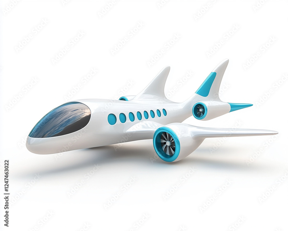 Fototapeta premium Futuristic white and blue private jet featuring sleek aerodynamic design, modern luxury aviation concept