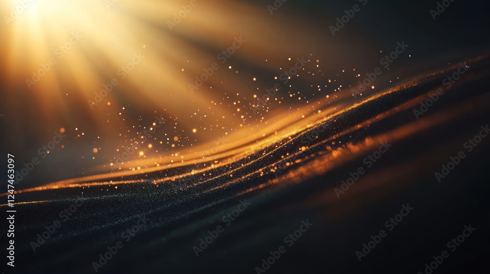 Golden light rays illuminate particle wave, dark background, abstract design Golden light rays illuminate particle wave, dark background, abstract design