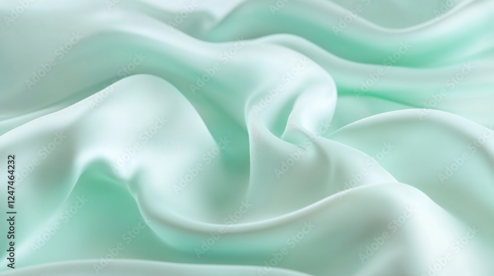 Fototapeta premium Mint green silk fabric drapes, soft folds, studio backdrop, textile design