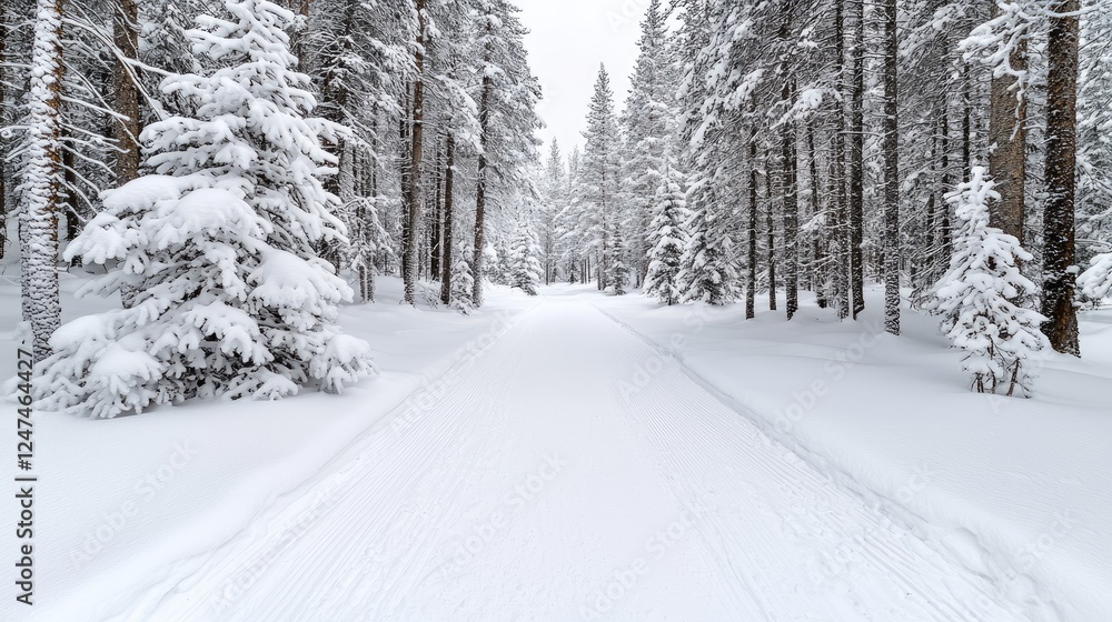 Snowy forest trail, cross-country skiing, winter landscape, peaceful nature scene