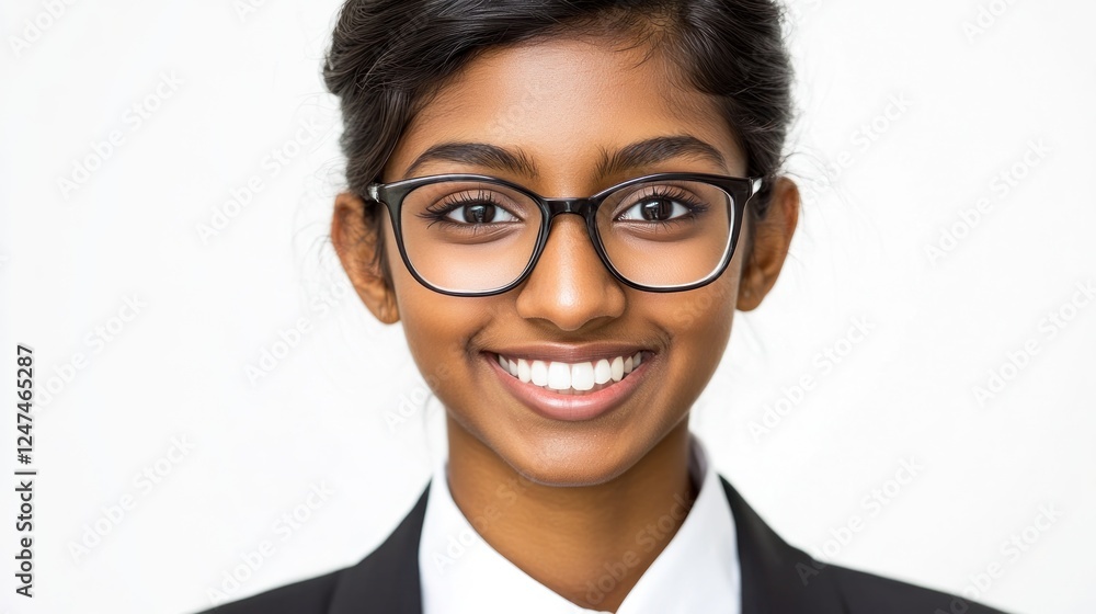Smiling woman, glasses, studio portrait, white background, professional headshot Smiling woman, glasses, studio portrait, white background, professional headshot